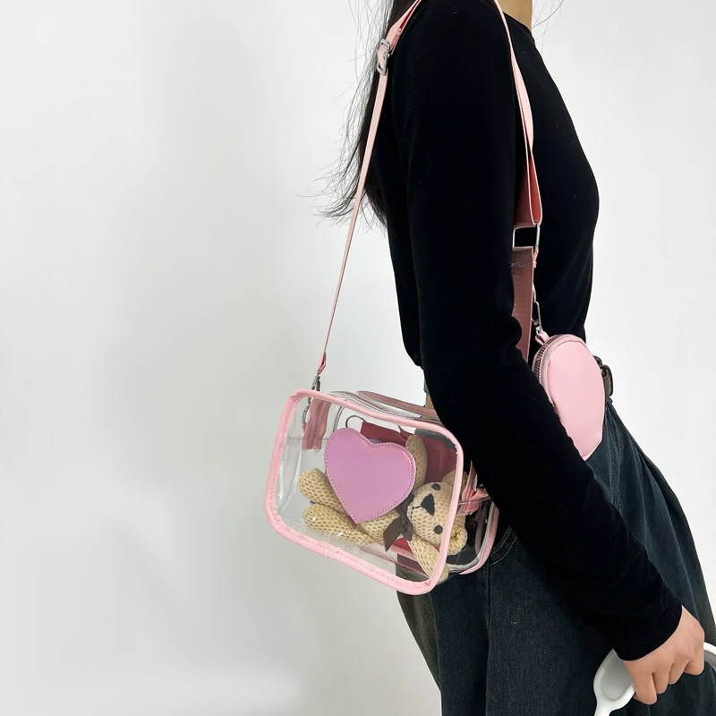 New Transparent PVC Fashion Women's Bag With Love Pattern Leisure Shoulder Bag Travel Belt Zero Wallet Versatile Crossbody Bag