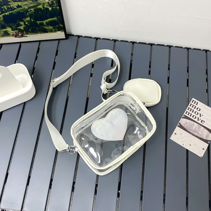 New Transparent PVC Fashion Women's Bag With Love Pattern Leisure Shoulder Bag Travel Belt Zero Wallet Versatile Crossbody Bag