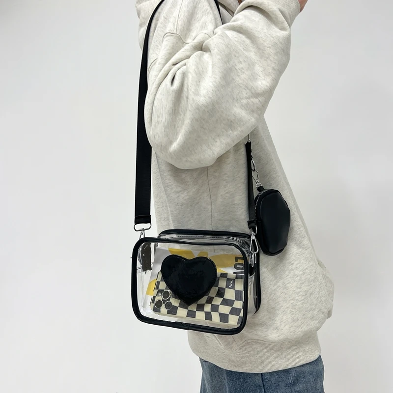 New Transparent PVC Fashion Women's Bag With Love Pattern Leisure Shoulder Bag Travel Belt Zero Wallet Versatile Crossbody Bag