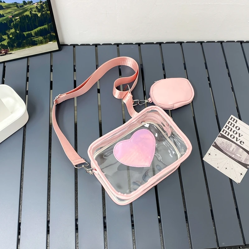 New Transparent PVC Fashion Women's Bag With Love Pattern Leisure Shoulder Bag Travel Belt Zero Wallet Versatile Crossbody Bag