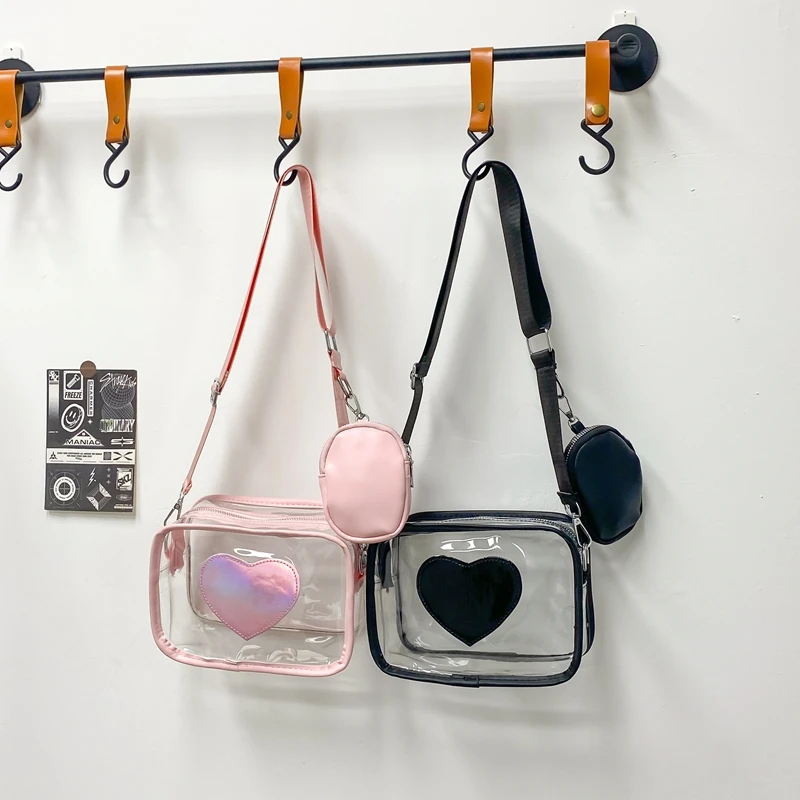 New Transparent PVC Fashion Women's Bag With Love Pattern Leisure Shoulder Bag Travel Belt Zero Wallet Versatile Crossbody Bag