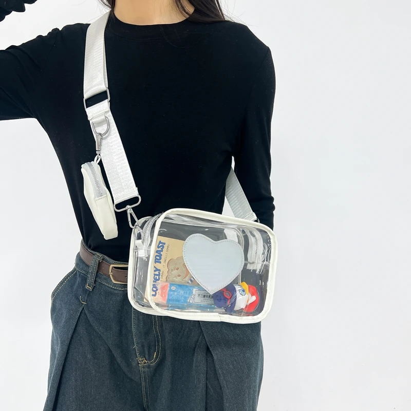 New Transparent PVC Fashion Women's Bag With Love Pattern Leisure Shoulder Bag Travel Belt Zero Wallet Versatile Crossbody Bag