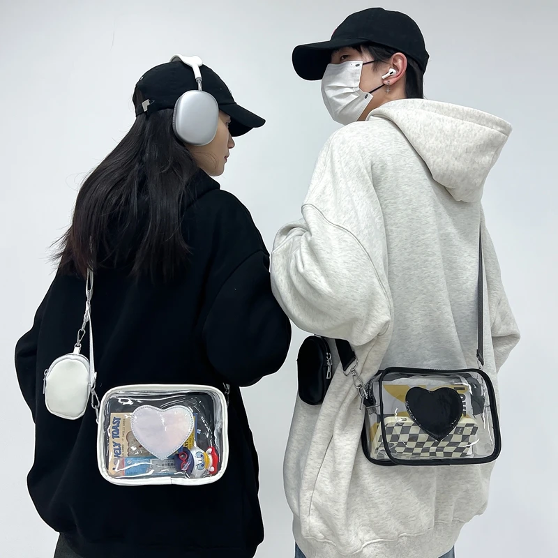 New Transparent PVC Fashion Women's Bag With Love Pattern Leisure Shoulder Bag Travel Belt Zero Wallet Versatile Crossbody Bag