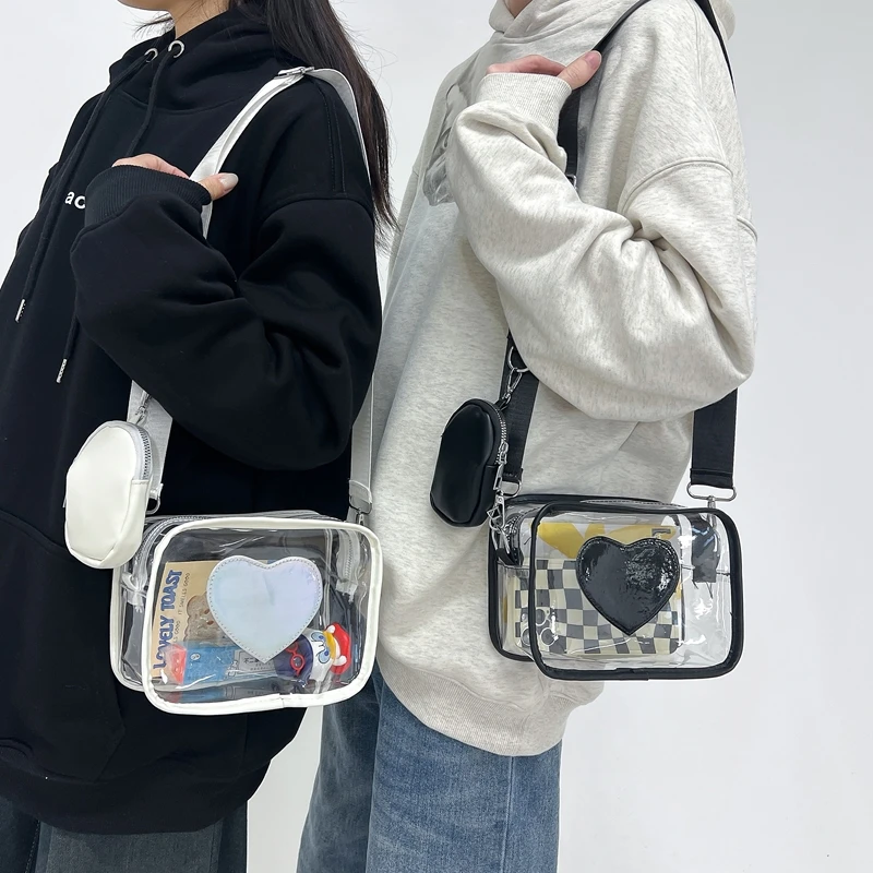 New Transparent PVC Fashion Women's Bag With Love Pattern Leisure Shoulder Bag Travel Belt Zero Wallet Versatile Crossbody Bag