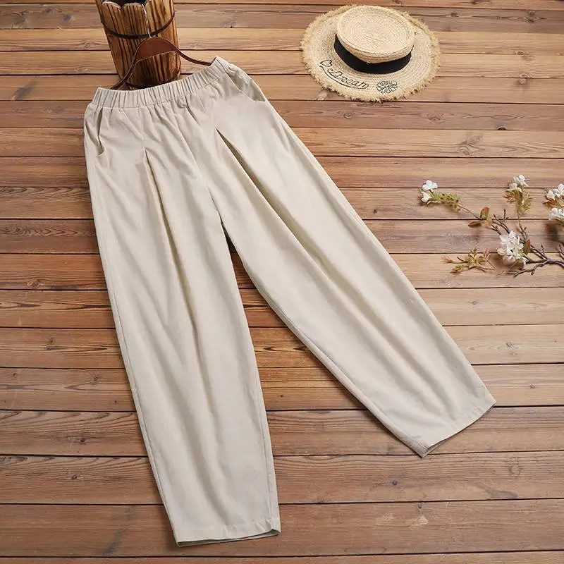 2024 ZANZEA Summer Elastic Waist Solid Casual Cotton Trousers Women Loose Pants Vintage Harem Pantalon Fashion Oversize Palazzo