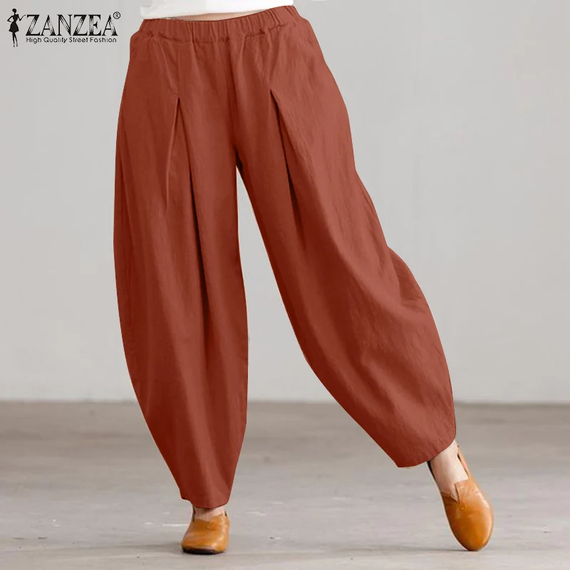 2024 ZANZEA Summer Elastic Waist Solid Casual Cotton Trousers Women Loose Pants Vintage Harem Pantalon Fashion Oversize Palazzo