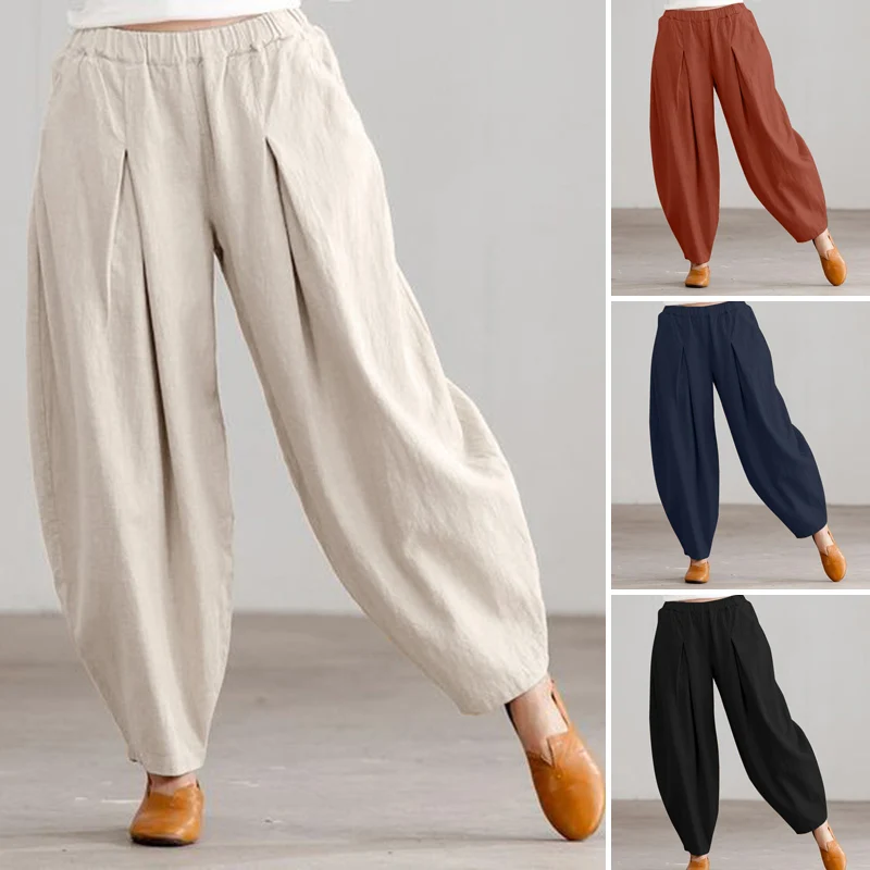 2024 ZANZEA Summer Elastic Waist Solid Casual Cotton Trousers Women Loose Pants Vintage Harem Pantalon Fashion Oversize Palazzo