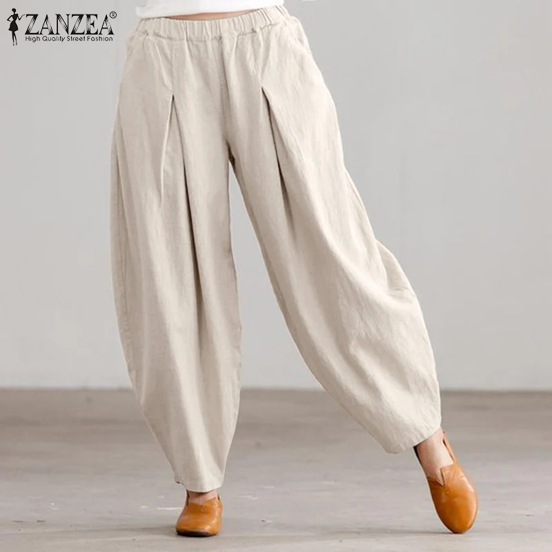 2024 ZANZEA Summer Elastic Waist Solid Casual Cotton Trousers Women Loose Pants Vintage Harem Pantalon Fashion Oversize Palazzo