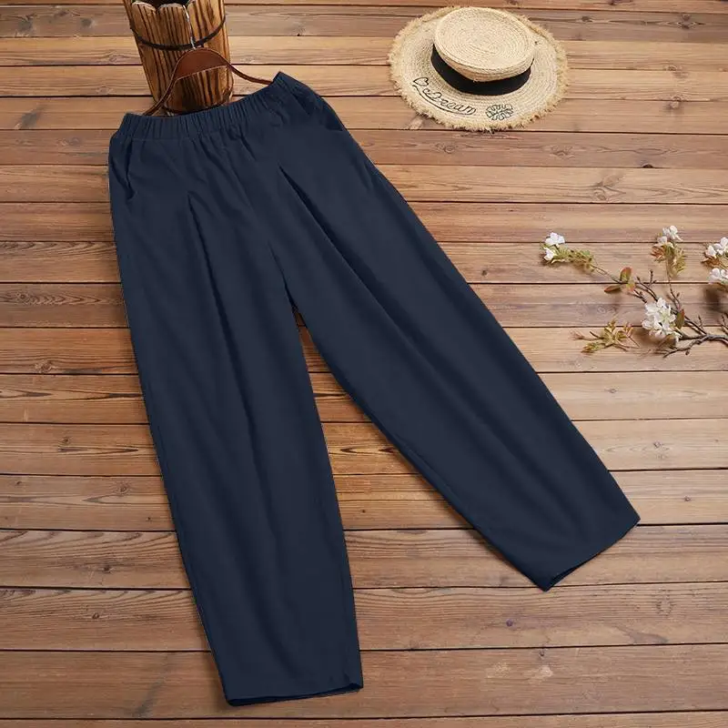 2024 ZANZEA Summer Elastic Waist Solid Casual Cotton Trousers Women Loose Pants Vintage Harem Pantalon Fashion Oversize Palazzo