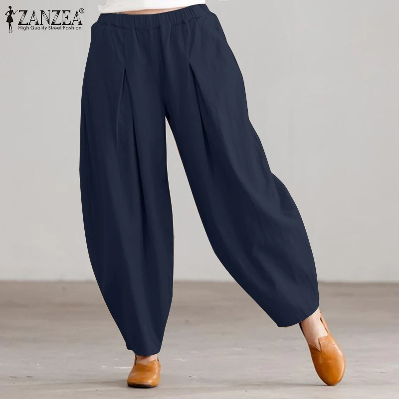 2024 ZANZEA Summer Elastic Waist Solid Casual Cotton Trousers Women Loose Pants Vintage Harem Pantalon Fashion Oversize Palazzo