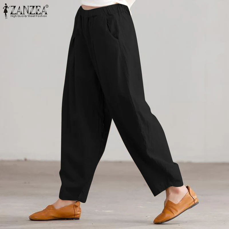 2024 ZANZEA Summer Elastic Waist Solid Casual Cotton Trousers Women Loose Pants Vintage Harem Pantalon Fashion Oversize Palazzo