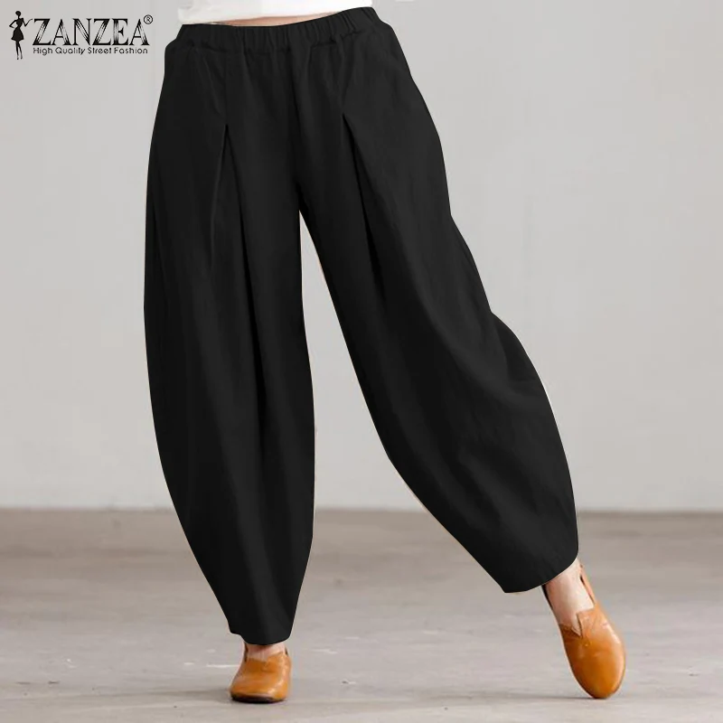 2024 ZANZEA Summer Elastic Waist Solid Casual Cotton Trousers Women Loose Pants Vintage Harem Pantalon Fashion Oversize Palazzo