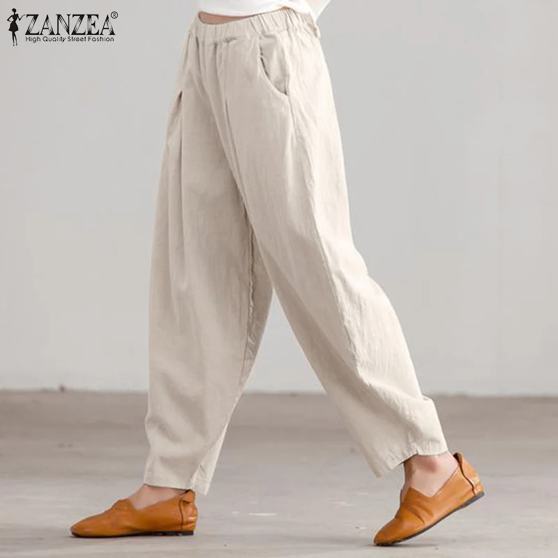 2024 ZANZEA Summer Elastic Waist Solid Casual Cotton Trousers Women Loose Pants Vintage Harem Pantalon Fashion Oversize Palazzo