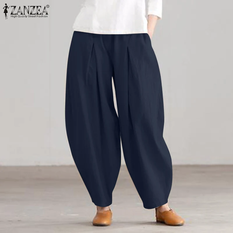 2024 ZANZEA Summer Elastic Waist Solid Casual Cotton Trousers Women Loose Pants Vintage Harem Pantalon Fashion Oversize Palazzo