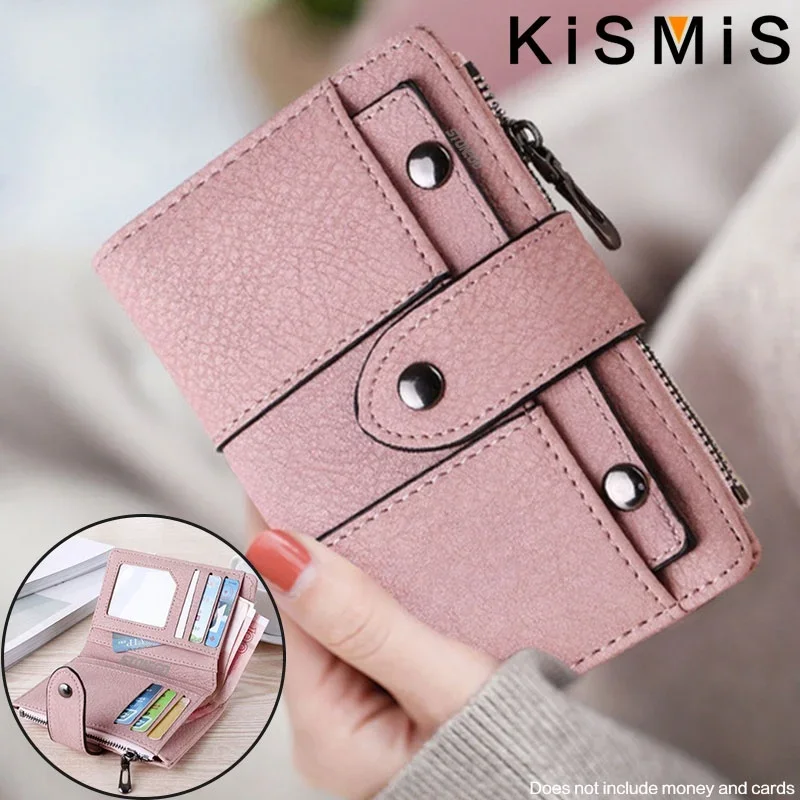 KISMIS Ladies New Style PU Leather Rivet Short Wallet Zipper Change Card Holder Women's Coin Purse Wallet Money Bag
