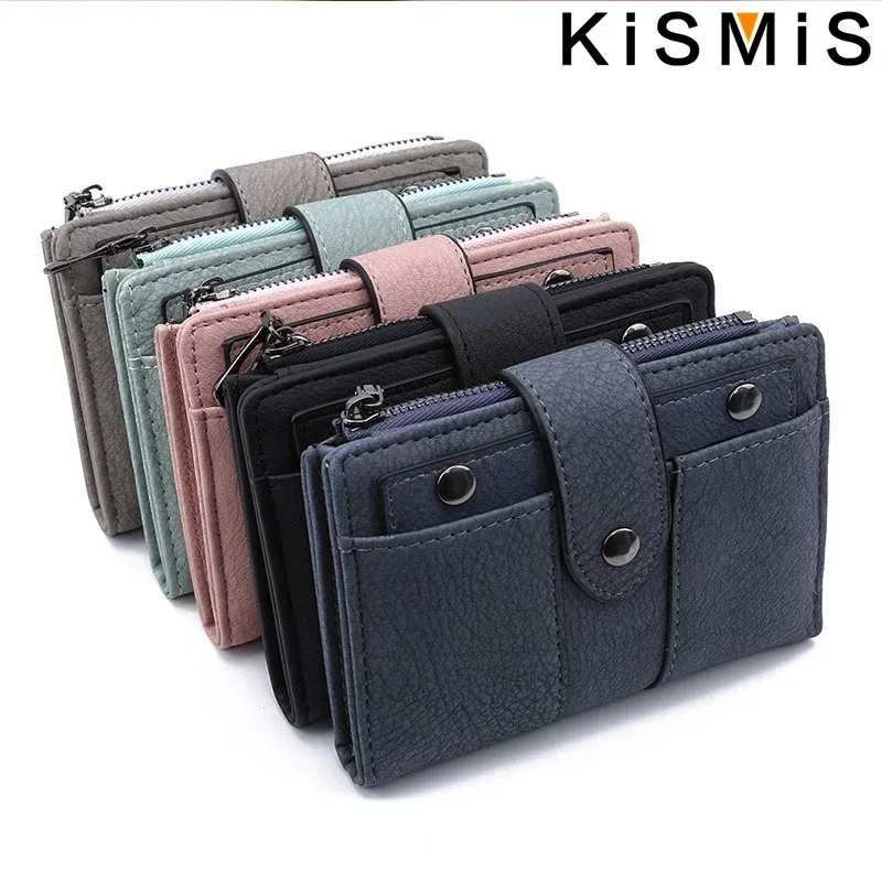 KISMIS Ladies New Style PU Leather Rivet Short Wallet Zipper Change Card Holder Women's Coin Purse Wallet Money Bag