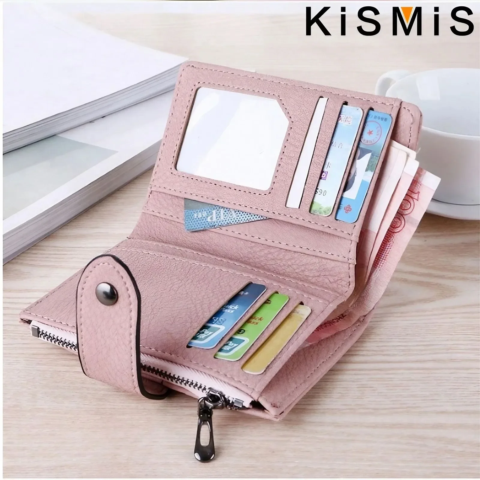 KISMIS Ladies New Style PU Leather Rivet Short Wallet Zipper Change Card Holder Women's Coin Purse Wallet Money Bag