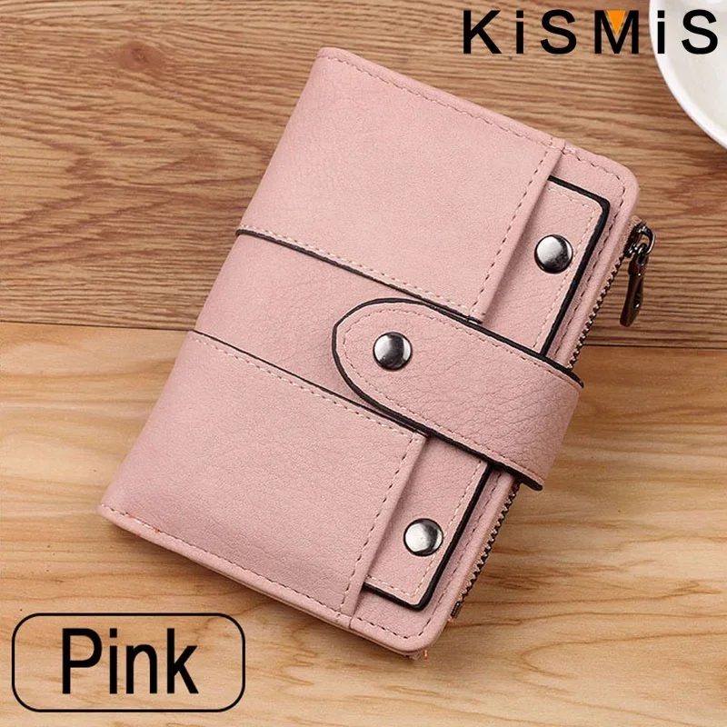 KISMIS Ladies New Style PU Leather Rivet Short Wallet Zipper Change Card Holder Women's Coin Purse Wallet Money Bag