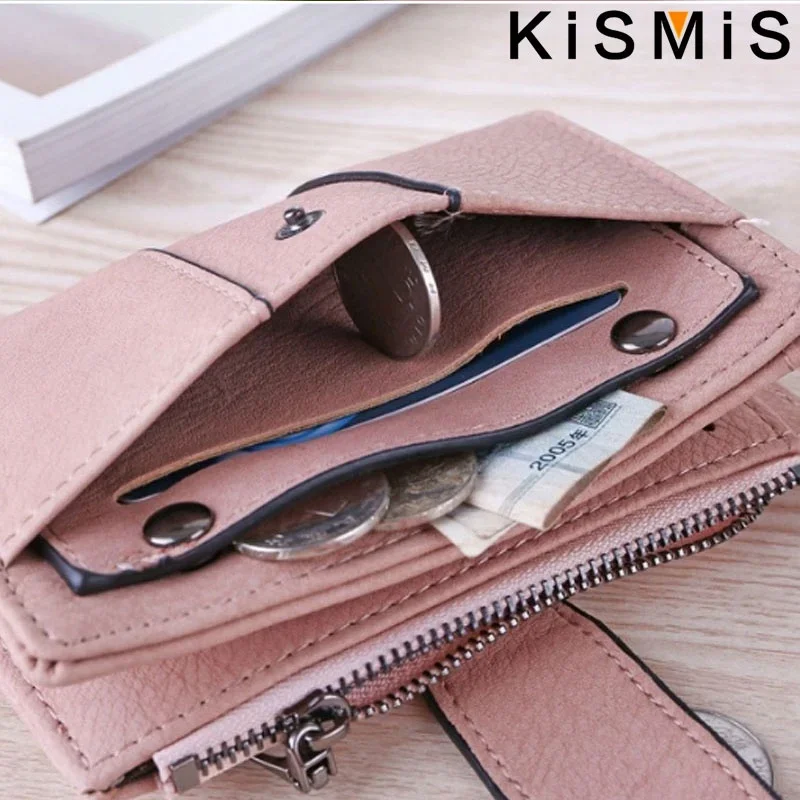 KISMIS Ladies New Style PU Leather Rivet Short Wallet Zipper Change Card Holder Women's Coin Purse Wallet Money Bag