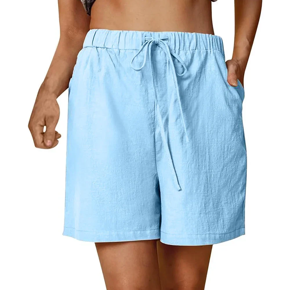 Women's Summer Casual Shorts Drawstring Solid Color Cotton Linen Short Pants Female Loose Straight Jogging Outdoor Streetwear