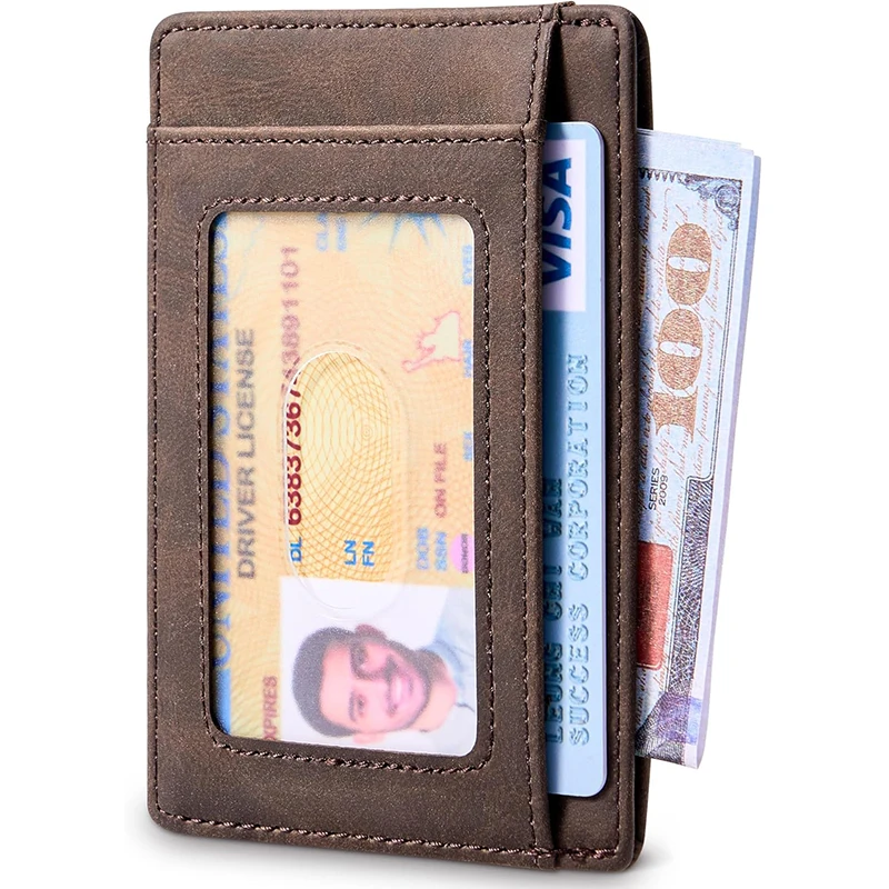 Genuine Leather RFID Blocking Retro Thin Card Holder Wallet, Crazy Horse Leather Minimalist Slim Front Pocket Wallets
