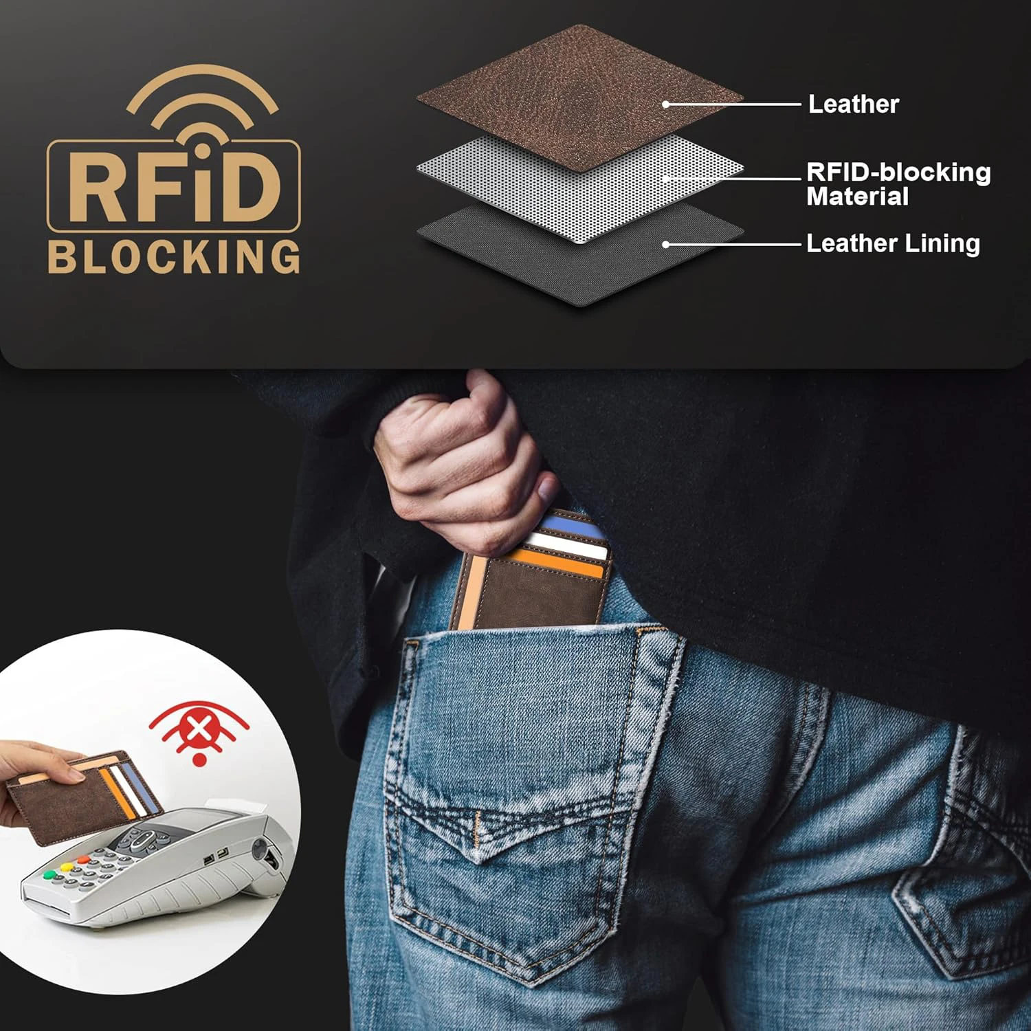 Genuine Leather RFID Blocking Retro Thin Card Holder Wallet, Crazy Horse Leather Minimalist Slim Front Pocket Wallets