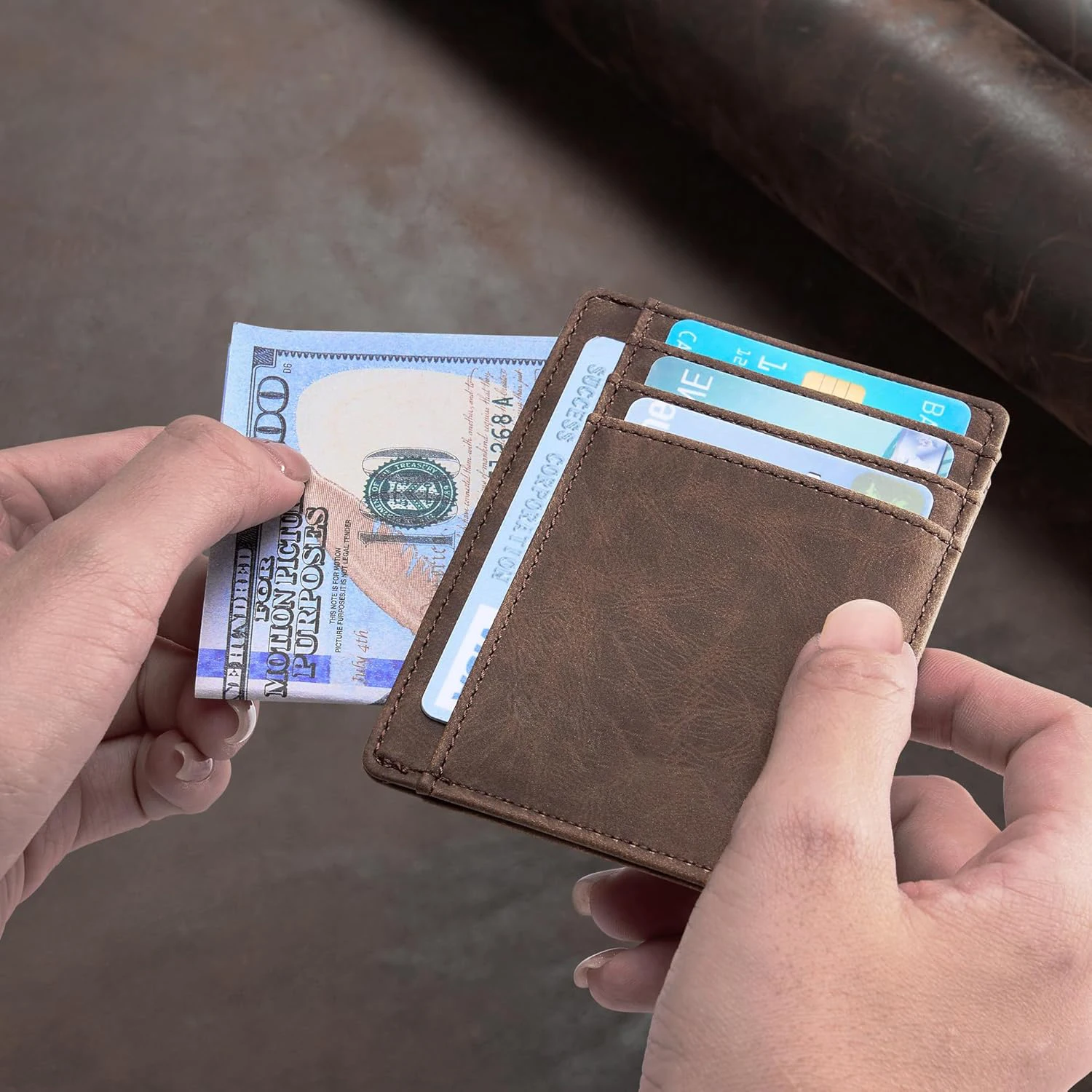 Genuine Leather RFID Blocking Retro Thin Card Holder Wallet, Crazy Horse Leather Minimalist Slim Front Pocket Wallets