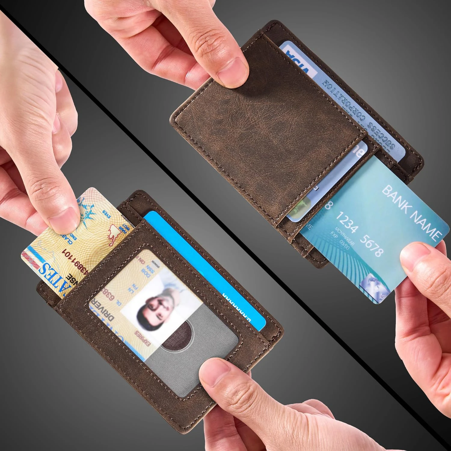 Genuine Leather RFID Blocking Retro Thin Card Holder Wallet, Crazy Horse Leather Minimalist Slim Front Pocket Wallets