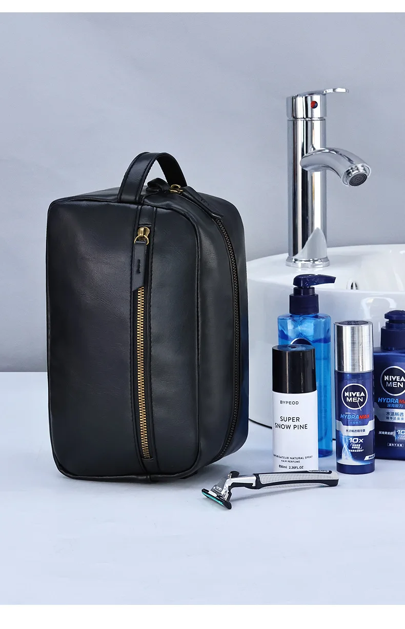 Men Business Travel Wash Toiletry Bag Waterproof PU Leather Bathroom Shaving Tools Organizer Bag Makeup Pouch Women Cosmetic Bag