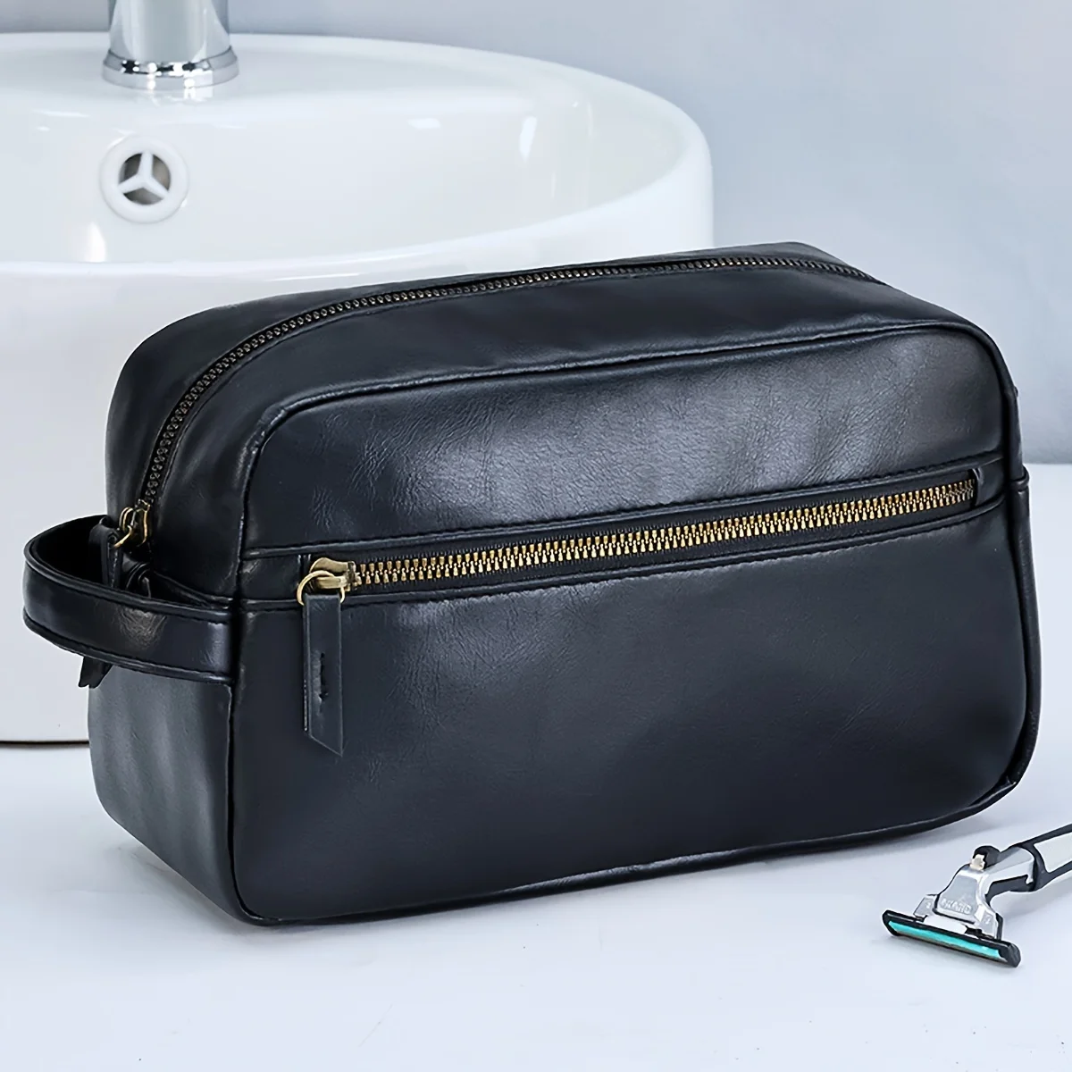Men Business Travel Wash Toiletry Bag Waterproof PU Leather Bathroom Shaving Tools Organizer Bag Makeup Pouch Women Cosmetic Bag