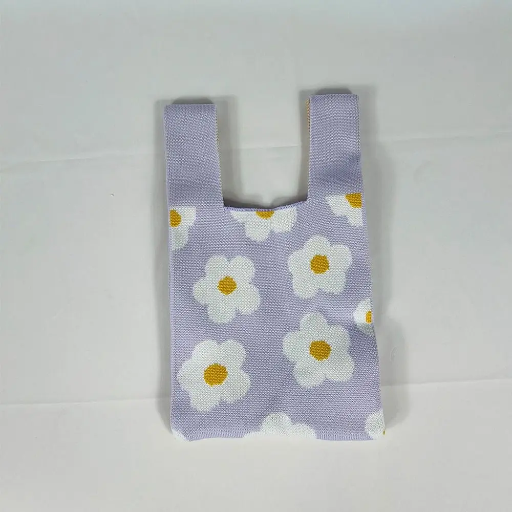 Fashion Flower Embroidery Knitted Handbag Women Mini Knot Wrist Bag Casual Tote Bag Student Handmade Shopping Bags