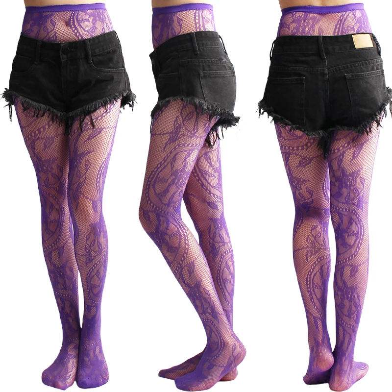 Women's Y2k Fishnet Styling Fashion Colored Tights One Size Purple Vine Gothic Carriage Wheel Patterned Tights Hosiery Stockings