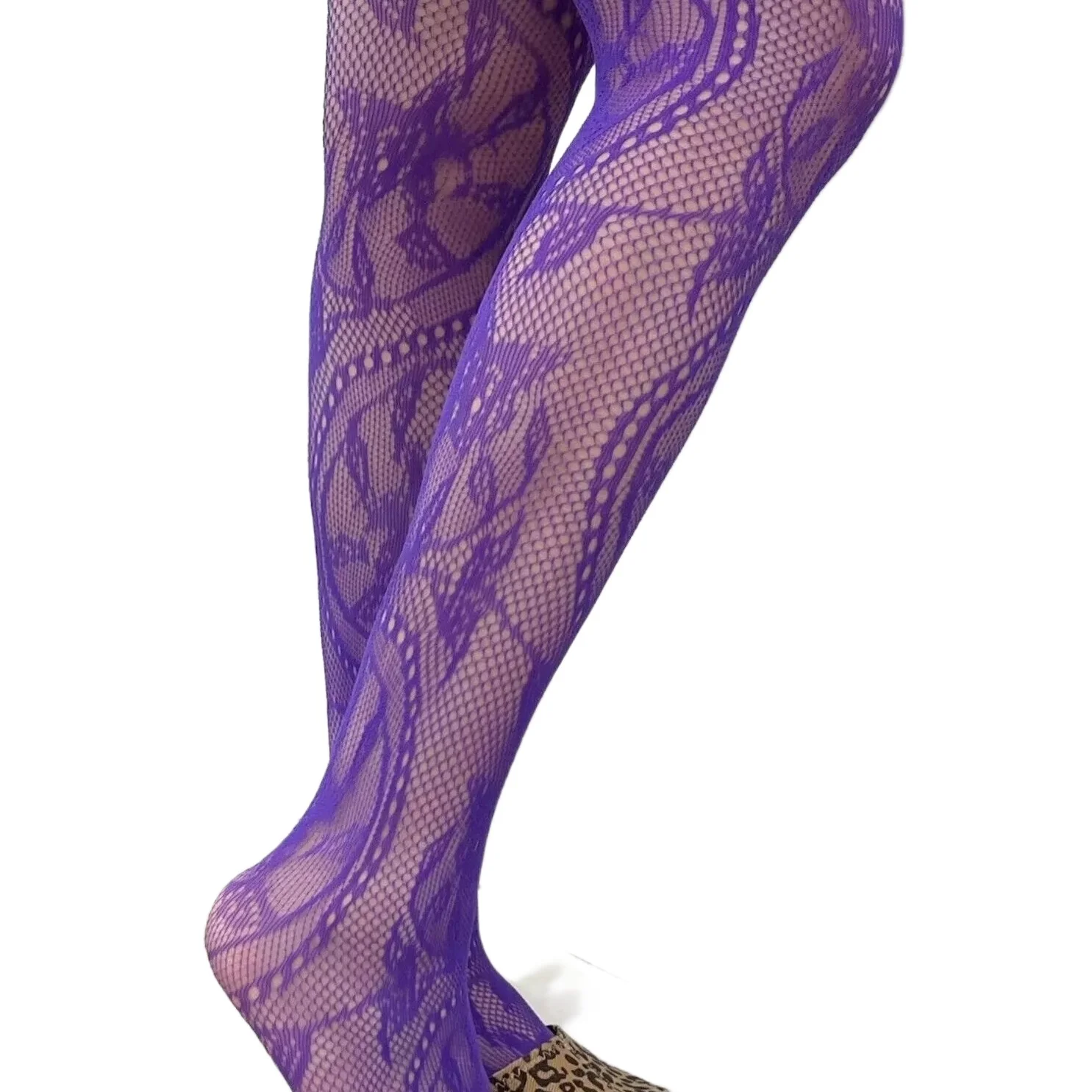 Women's Y2k Fishnet Styling Fashion Colored Tights One Size Purple Vine Gothic Carriage Wheel Patterned Tights Hosiery Stockings