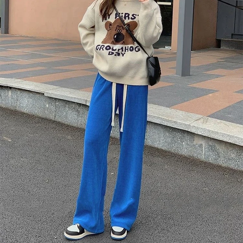 Women High Stretch Waist Wide Leg Pants Summer Drawstring Loose Long Rib Knitted Trousers