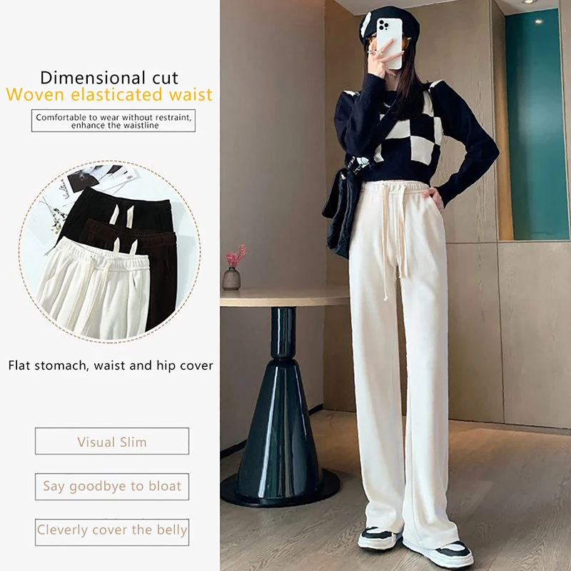 Women High Stretch Waist Wide Leg Pants Summer Drawstring Loose Long Rib Knitted Trousers