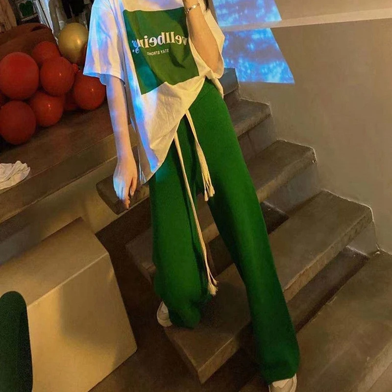 Women High Stretch Waist Wide Leg Pants Summer Drawstring Loose Long Rib Knitted Trousers