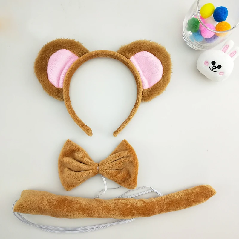 Little Monkey Headband Cosplay Kawaii Animal Halloween Party Costumes Accessories Brown Bear Ears Headband Tie Tail Skirt