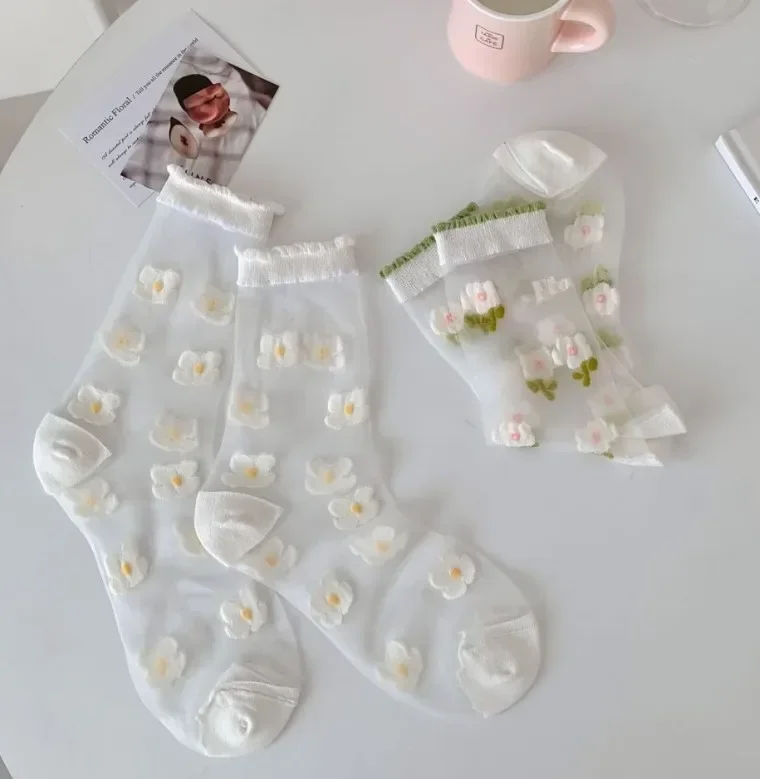 Women Crystal Silk Socks Ultra-thin Breathable Elastic Long Socks See Through Transparent Harajuku Flower Cute Lace Socks Summer