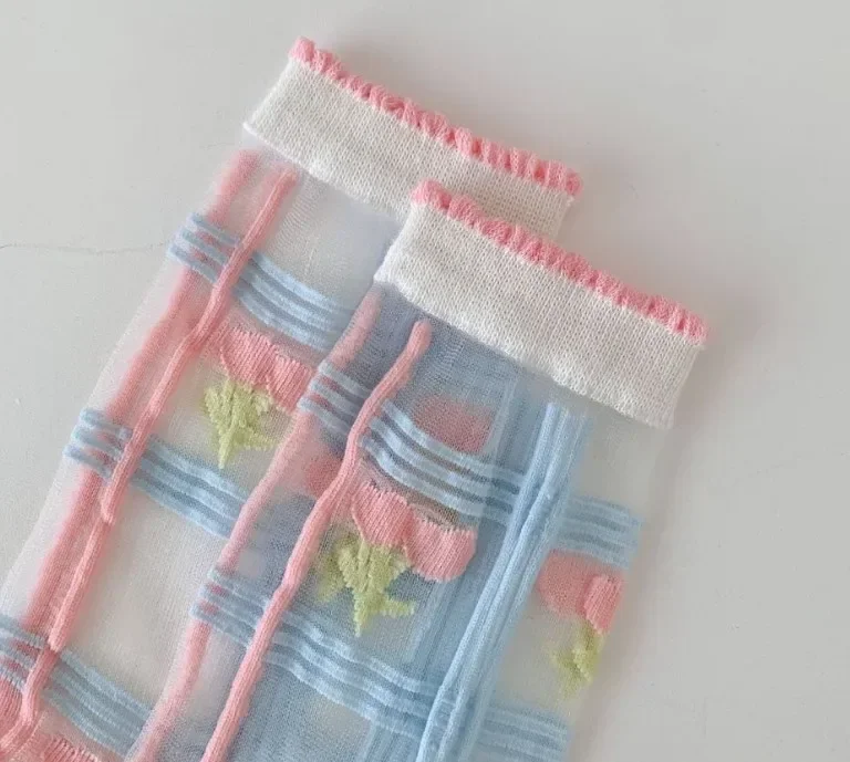 Women Crystal Silk Socks Ultra-thin Breathable Elastic Long Socks See Through Transparent Harajuku Flower Cute Lace Socks Summer