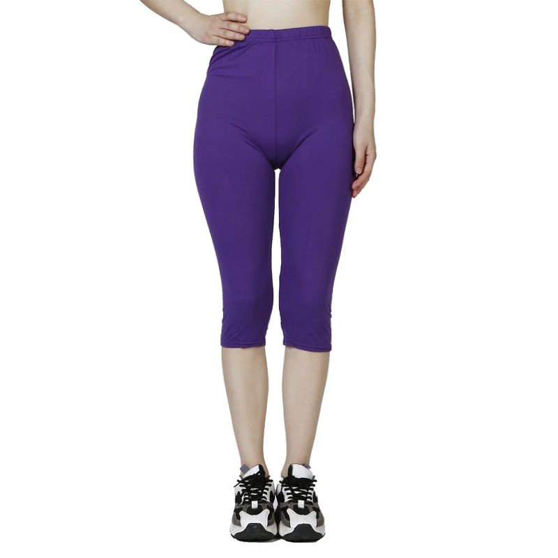QR63 Solid Color Capris Leggings, WOMEN'S Fashionable Elastic Waist Exercise, Short Leg Pants