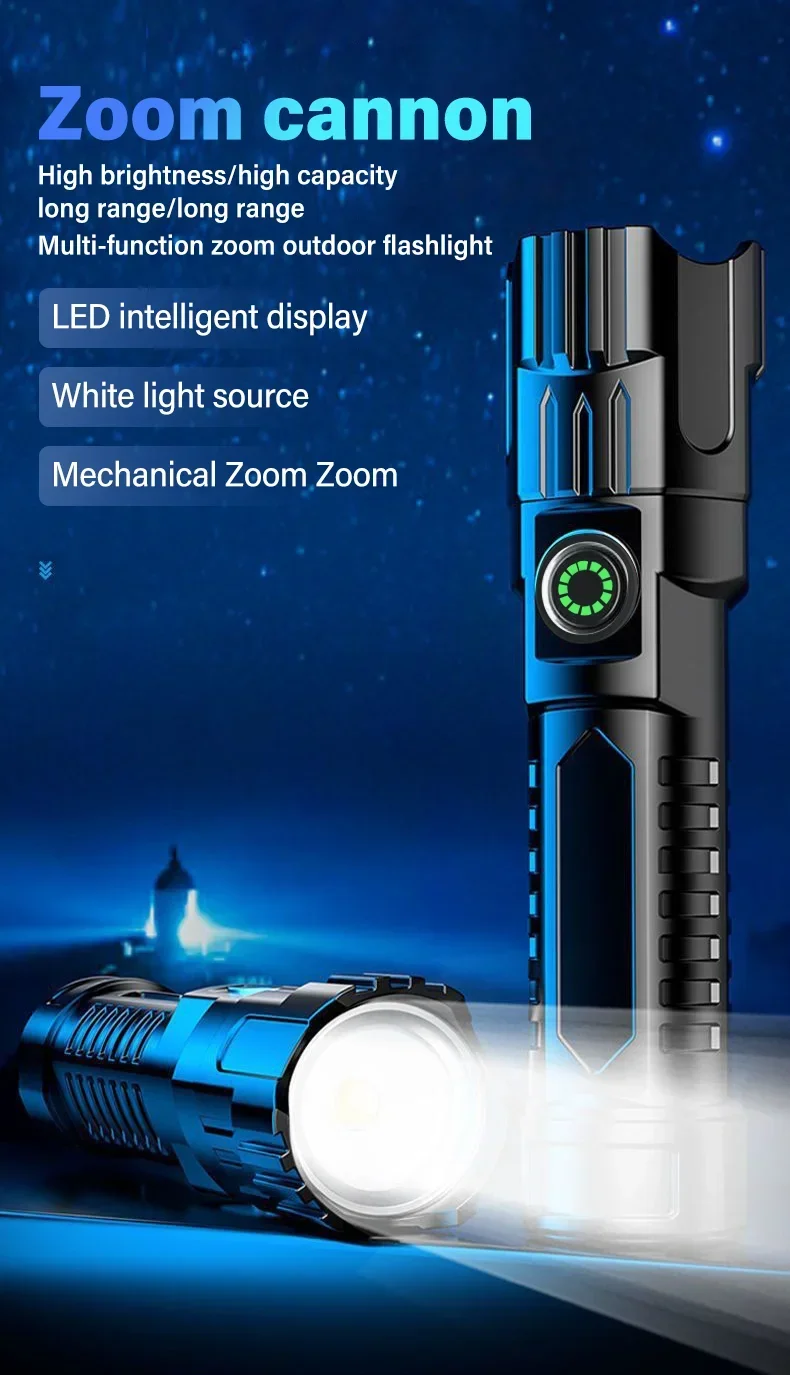 High Strong Power Led Flashlights 2000LM Tactical Torch with Display Light USB Charging Camping Fishing Emergency Zoom Lantern