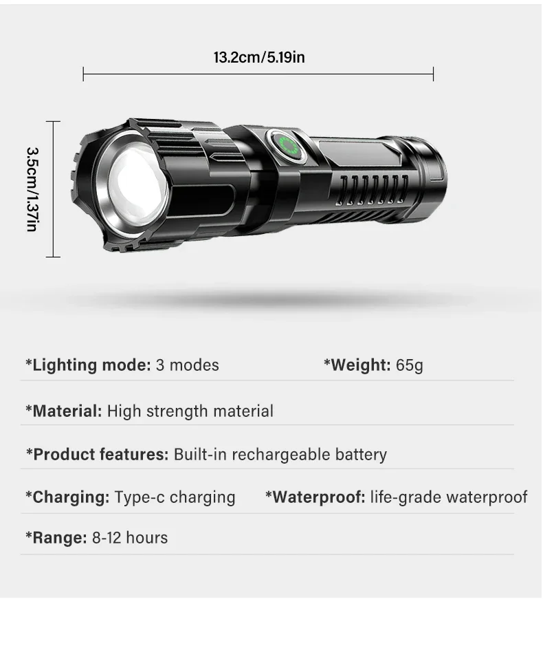 High Strong Power Led Flashlights 2000LM Tactical Torch with Display Light USB Charging Camping Fishing Emergency Zoom Lantern