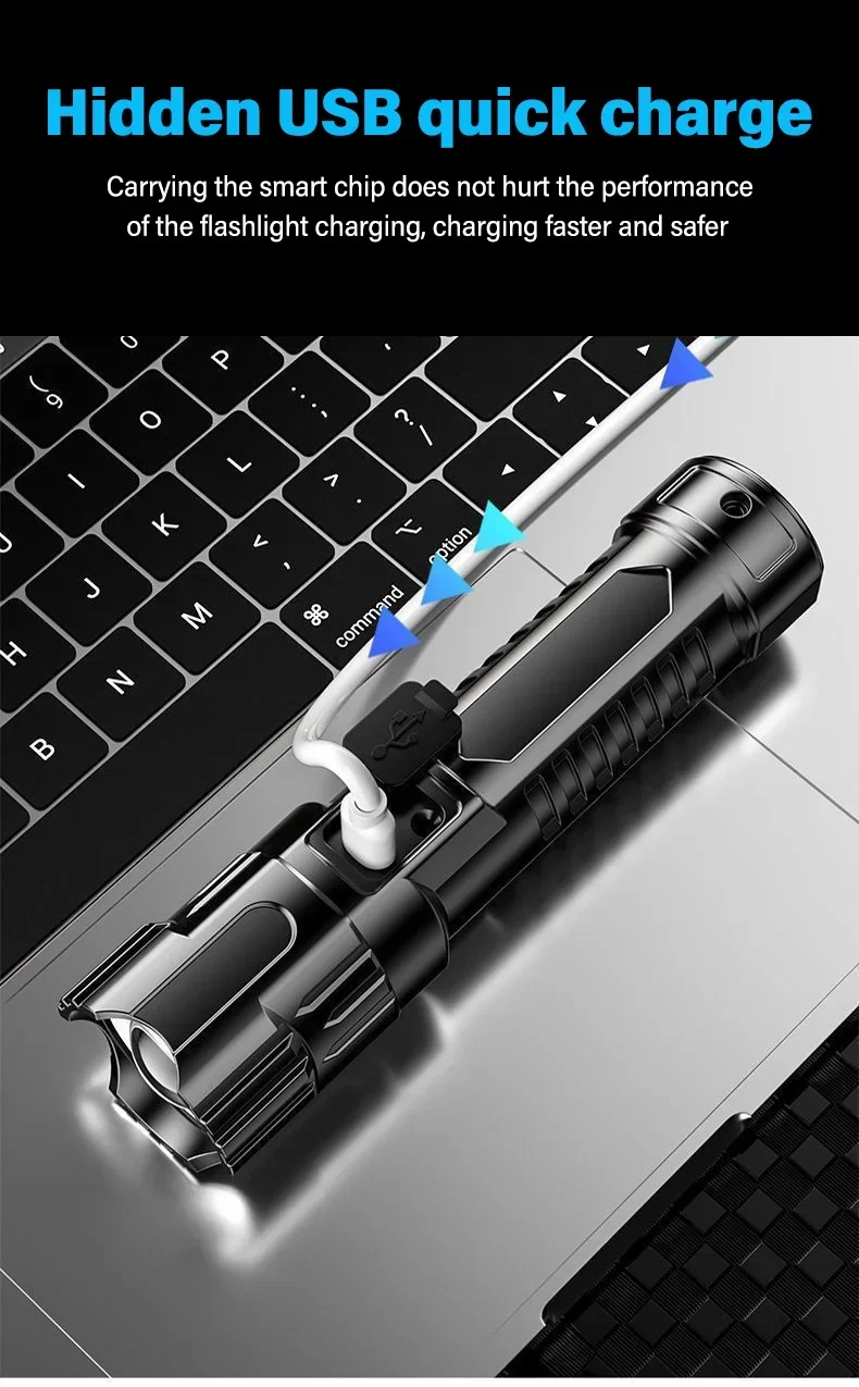 High Strong Power Led Flashlights 2000LM Tactical Torch with Display Light USB Charging Camping Fishing Emergency Zoom Lantern