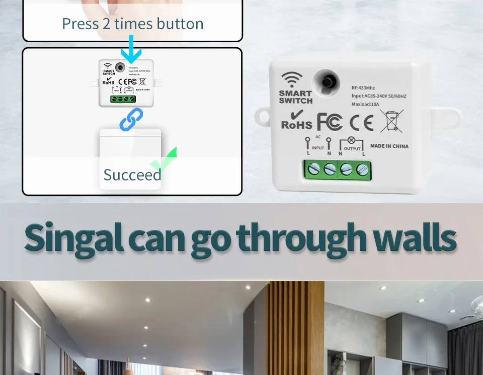 Wireless Light Wall Switch Relay Receiver RF 433Mhz 1/2/3Gang Panel Switch Remote Control Interruptor for LED Lamp 10A 110V 220V