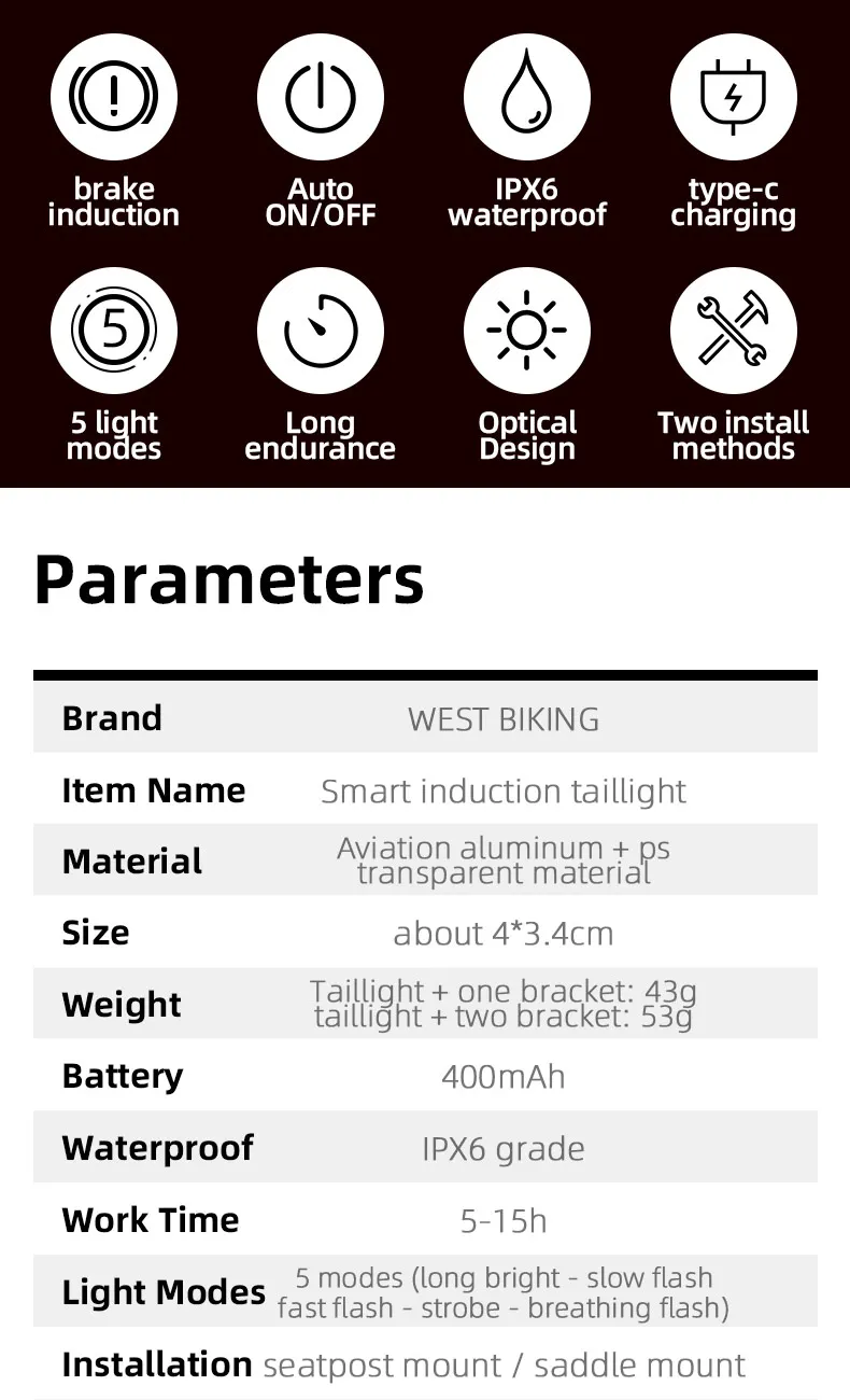 WEST BIKING Bike Tail Light Smart Sensing MTB Road Bike Rear Light  IPX6 Waterproof Type-C Charging Taillight Cycling Accessory