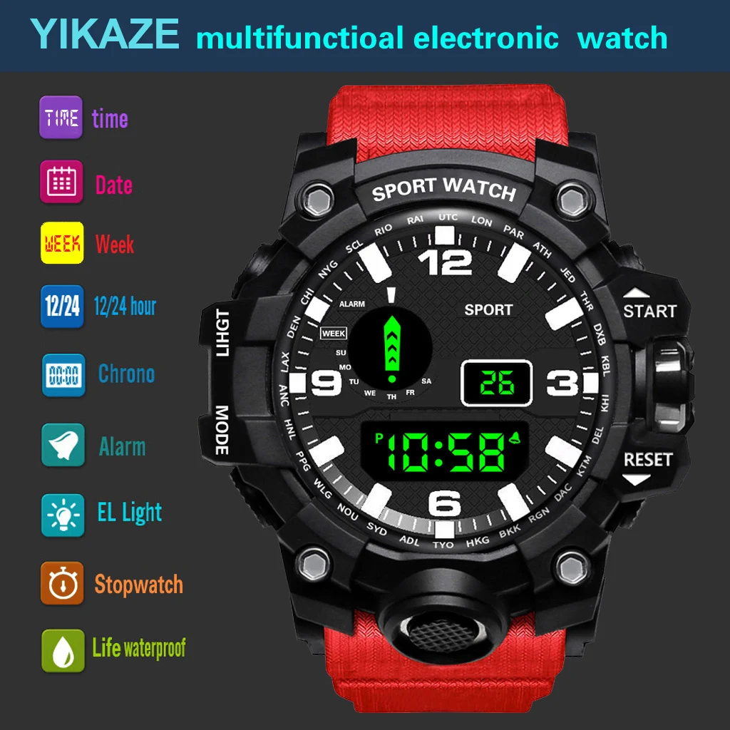 Fashion Men's Watch Sports Electronic Wristwatch Large Dial Multifunctional Waterproof Luminous Alarm Kids Male's Military Watch