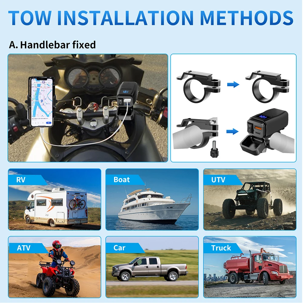 PD QC3.0 Motorcycle USB Fast Charger 60W Handlebar Dual USB Socket with Switch Voltmeter Waterproof 12V Power Supply Adapter