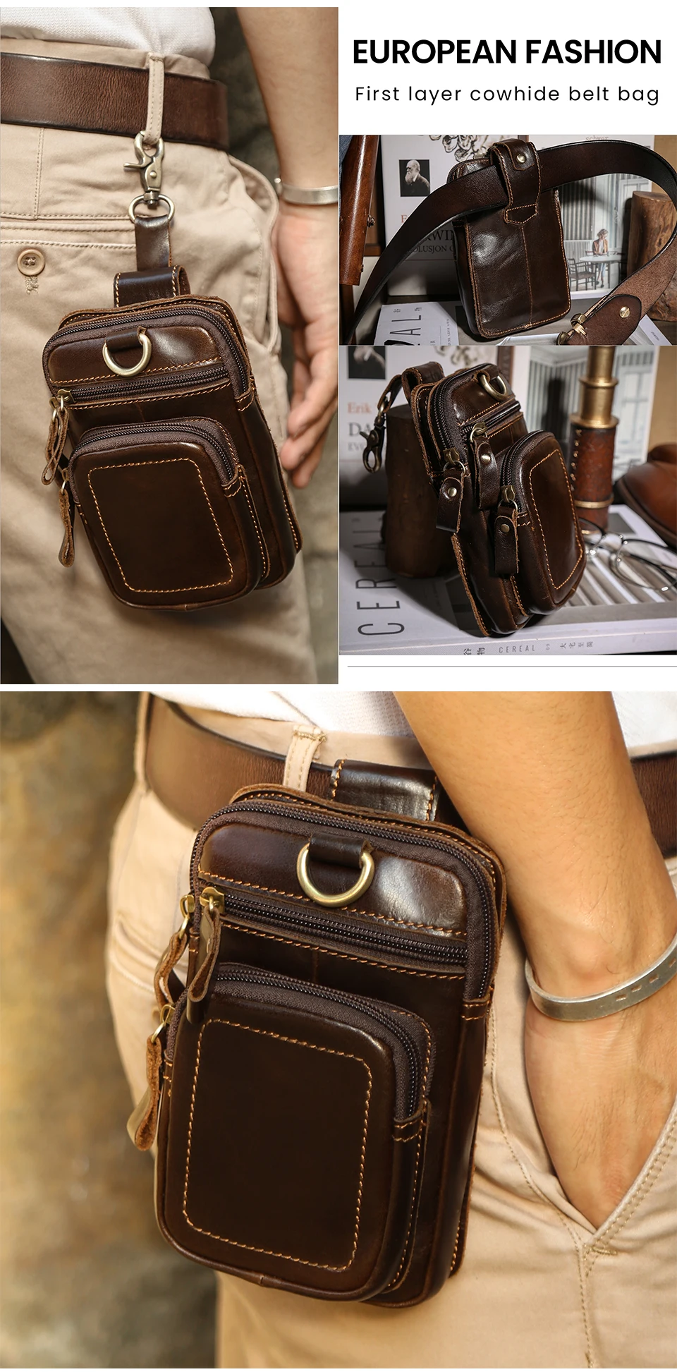 JOYIR Men's Leather Waist Bag Vintage Cowhide Leather Man Belt Pouch Casual Male Fanny Pack Waist Pack Phone Pouch New