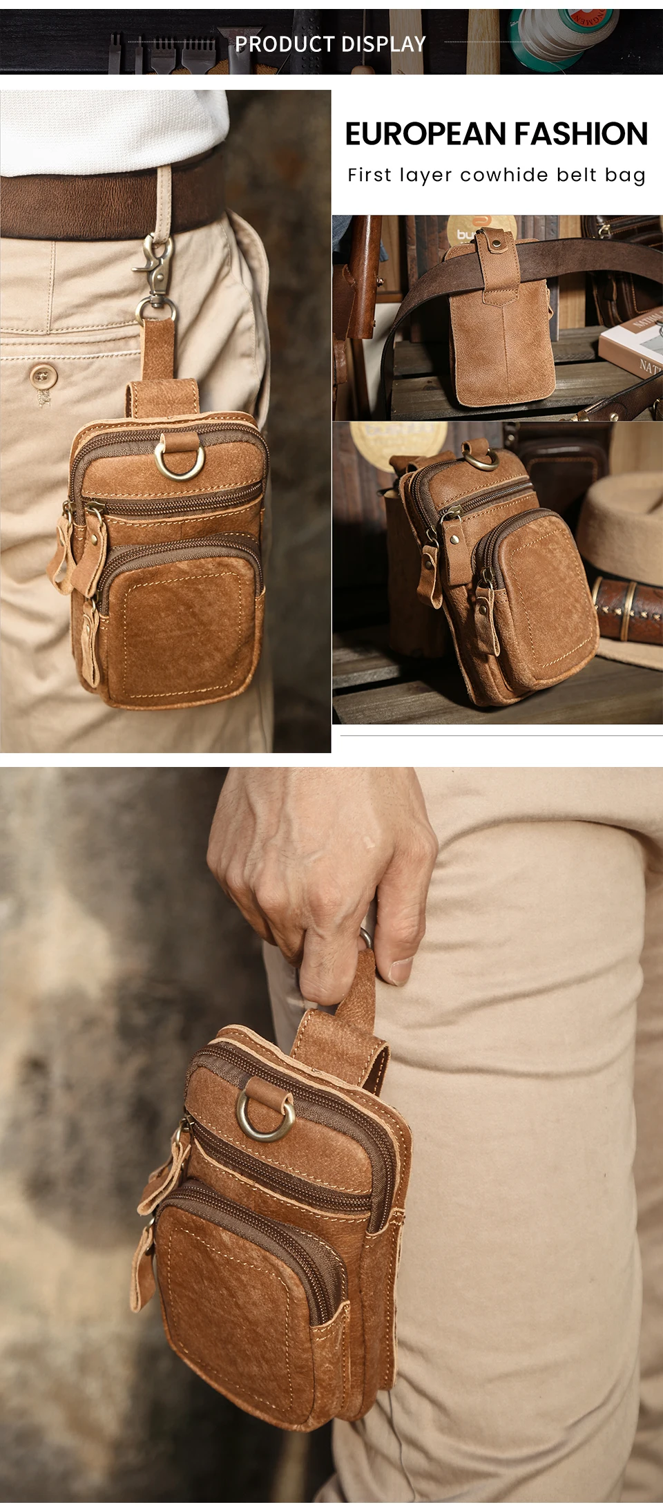 JOYIR Men's Leather Waist Bag Vintage Cowhide Leather Man Belt Pouch Casual Male Fanny Pack Waist Pack Phone Pouch New