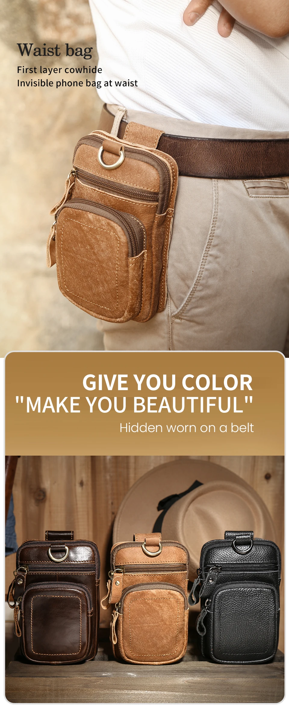 JOYIR Men's Leather Waist Bag Vintage Cowhide Leather Man Belt Pouch Casual Male Fanny Pack Waist Pack Phone Pouch New
